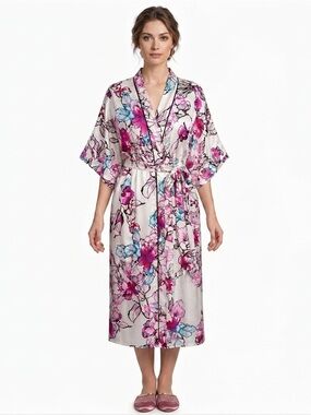 Natori Eden Floral Satin Robe‎ Small Silky Kimono Luxury Loungewear Botanical